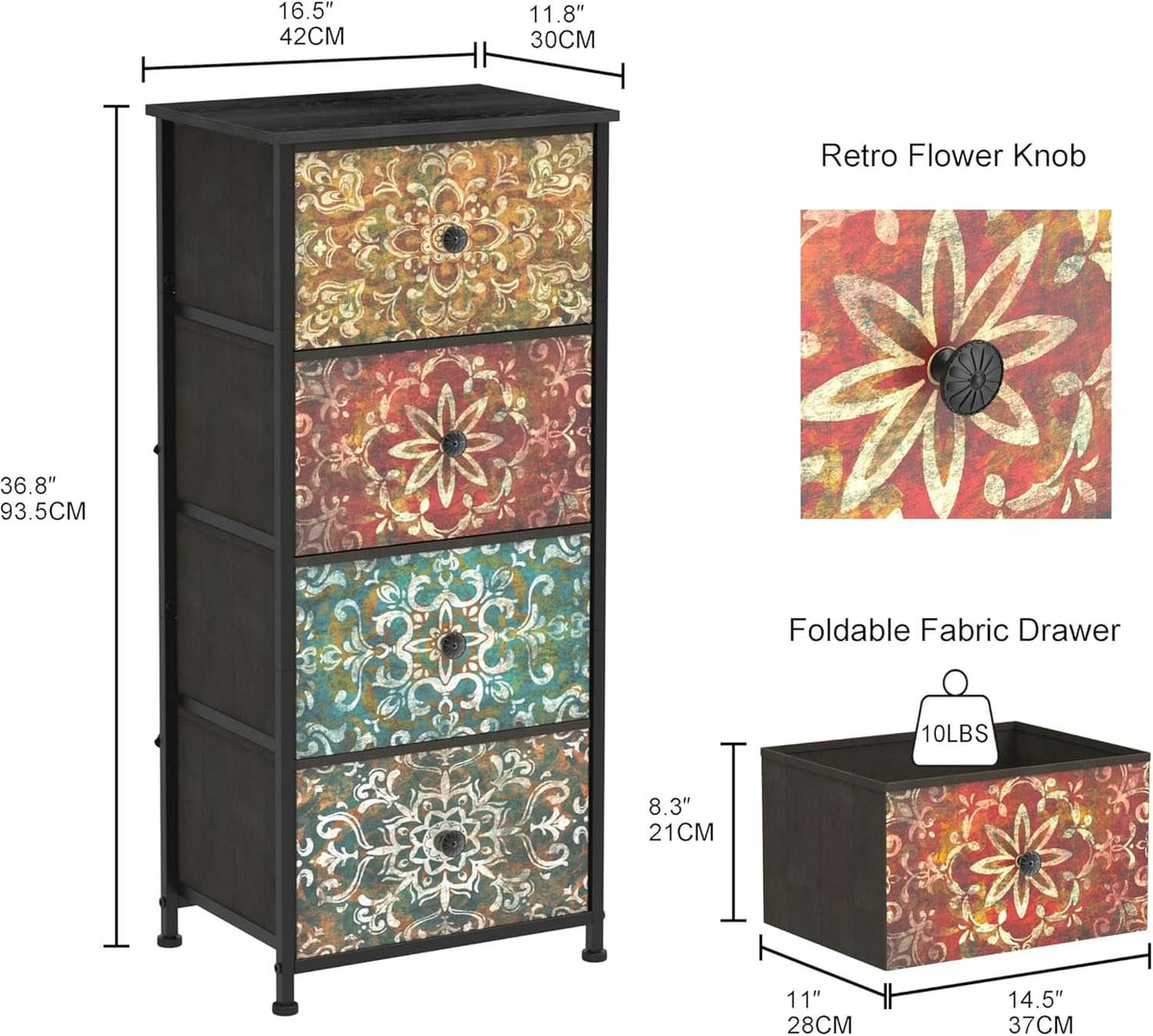 Mandala Fabric Drawers Dresser Narrow Chest Space Saving Bedroom