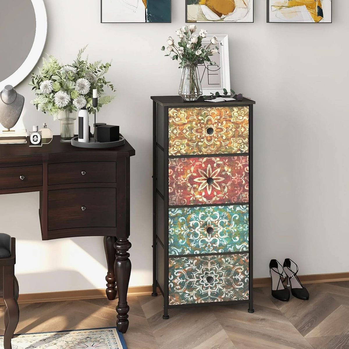 Mandala Fabric Drawers Dresser Narrow Chest Space Saving Bedroom