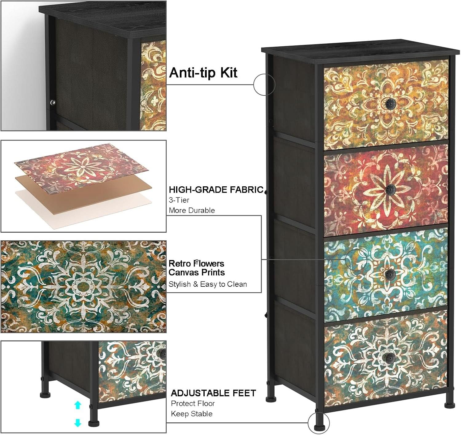 Mandala Fabric Drawers Dresser Narrow Chest Space Saving Bedroom