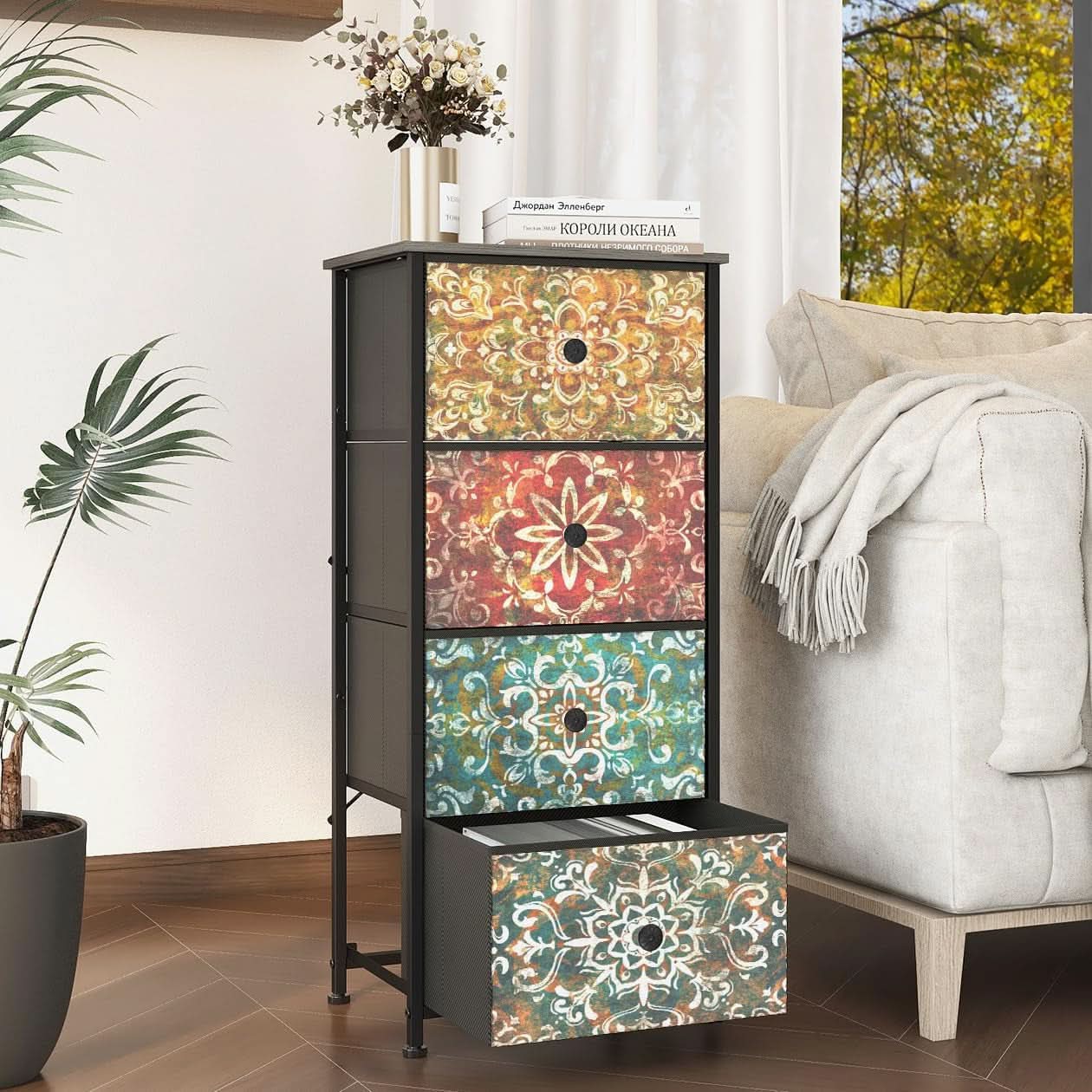 Mandala Fabric Drawers Dresser Narrow Chest Space Saving Bedroom