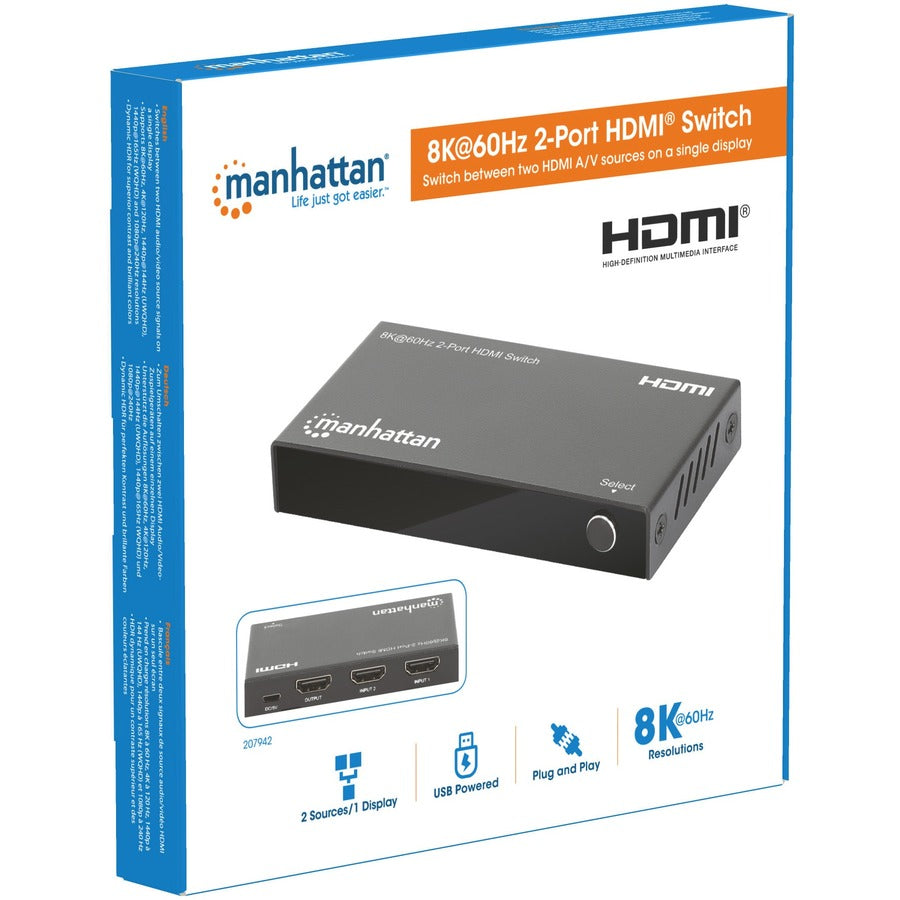 Manhattan 8K@60Hz 2-Port HDMI Switch - 7680 x 4320 - 8K - 1080p2 x 1 - Display - 1 x HDMI