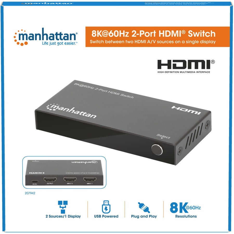 Manhattan 8K@60Hz 2-Port HDMI Switch - 7680 x 4320 - 8K - 1080p2 x 1 - Display - 1 x HDMI