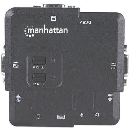 Manhattan KVM Switch Compact 2-Port, 2x USB-A, Cables included, Audio Support, Control 2x computers from one pc/mouse/screen, Black, Lifetime Warranty, Boxed