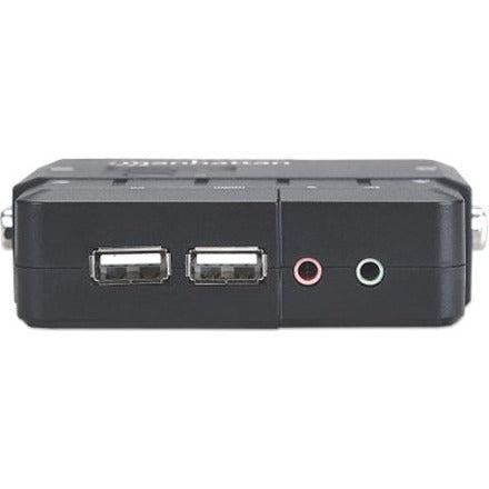 Manhattan KVM Switch Compact 2-Port, 2x USB-A, Cables included, Audio Support, Control 2x computers from one pc/mouse/screen, Black, Lifetime Warranty, Boxed