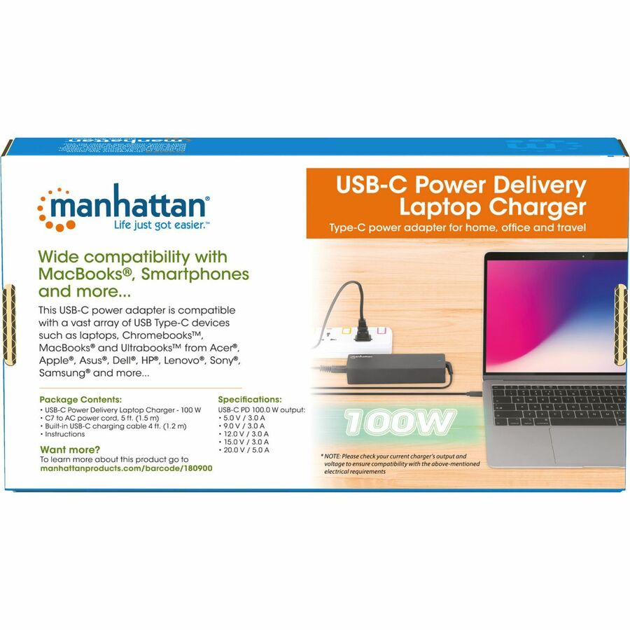 Manhattan USB-C Power Delivery Laptop Charger - 100 W - 100 W - 120 V AC, 230 V AC Input