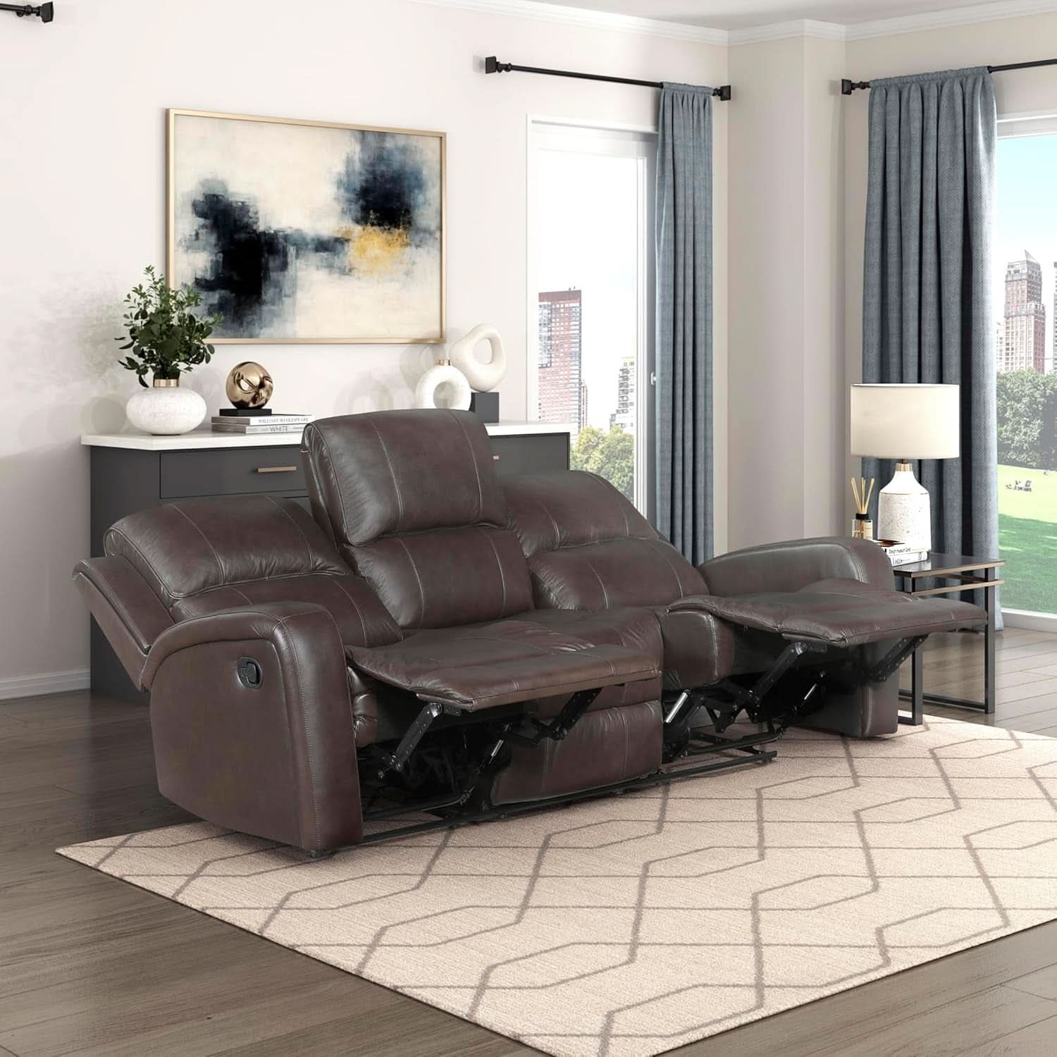 Manual Double Recliner Sofa Brown Leather Match Wall Hugger