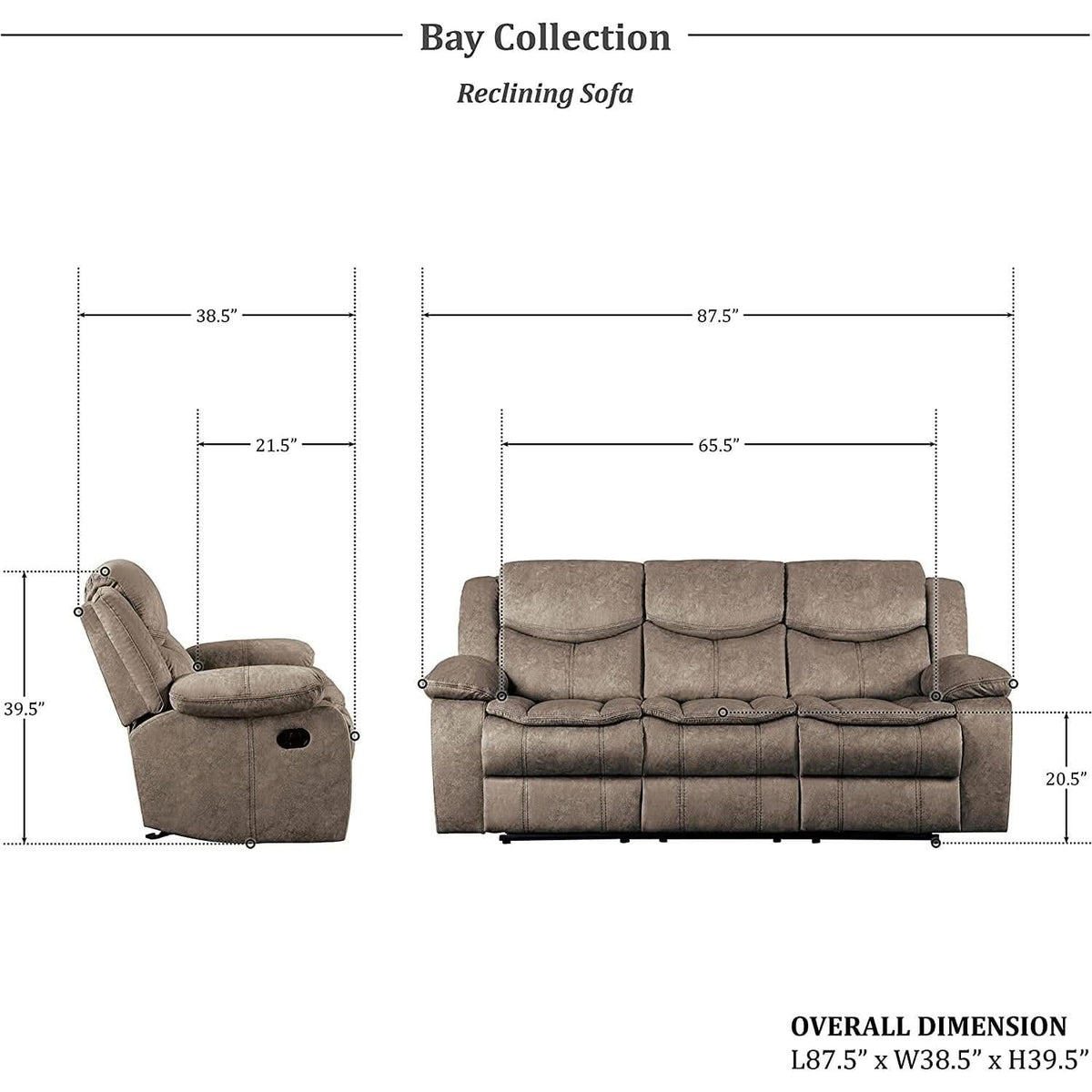 Manual Double Reclining Brown Sofa 87 Inch Wide Living Room
