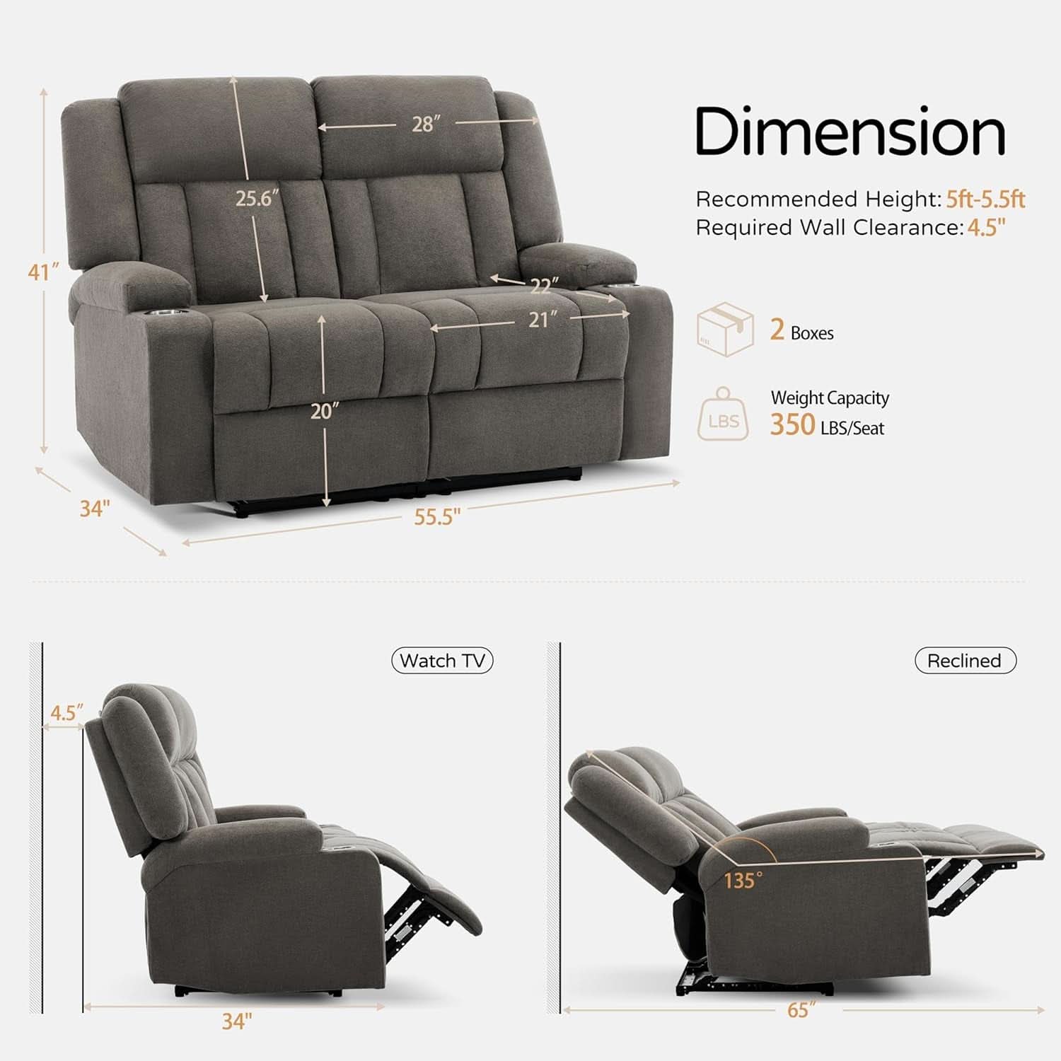 Manual Fabric Recliner Loveseat Sofa With Cup Holders 2 Seater Light Brown