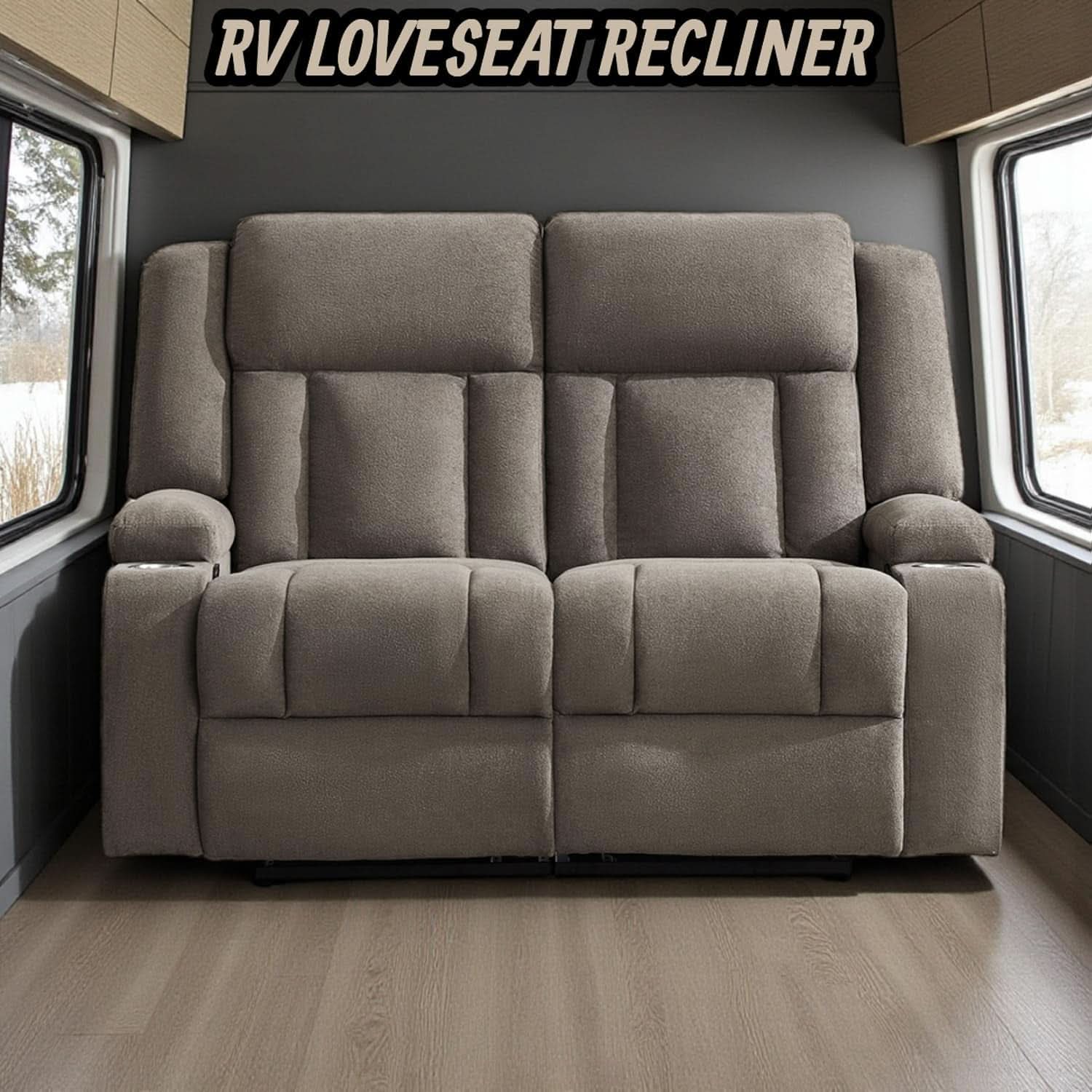 Manual Fabric Recliner Loveseat Sofa With Cup Holders 2 Seater Light Brown