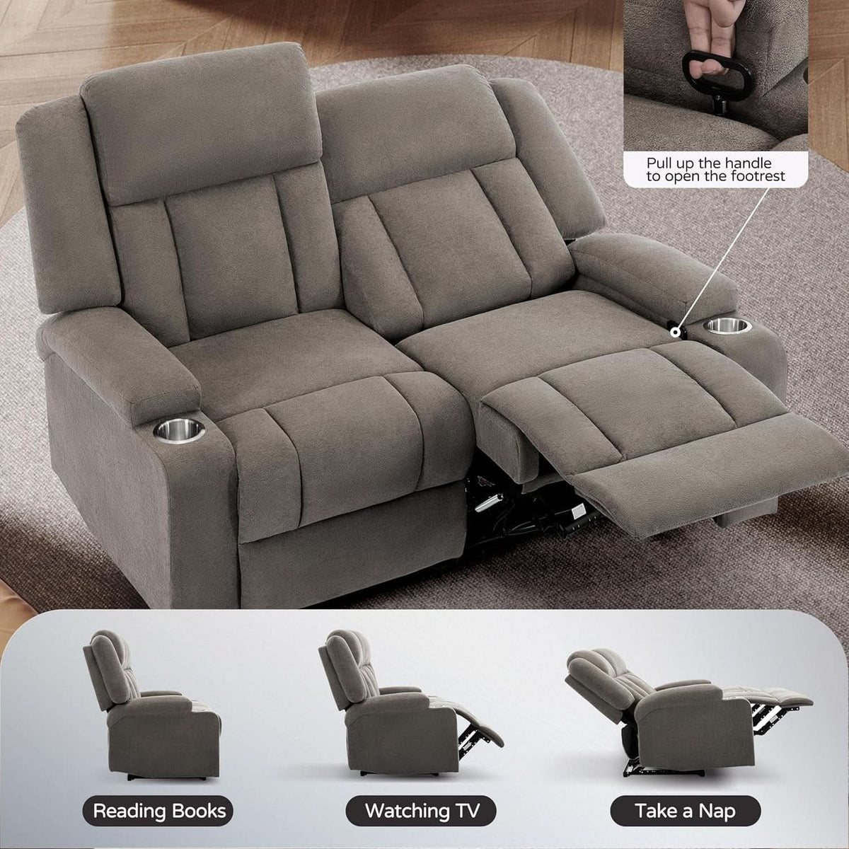 Manual Fabric Recliner Loveseat Sofa With Cup Holders 2 Seater Light Brown