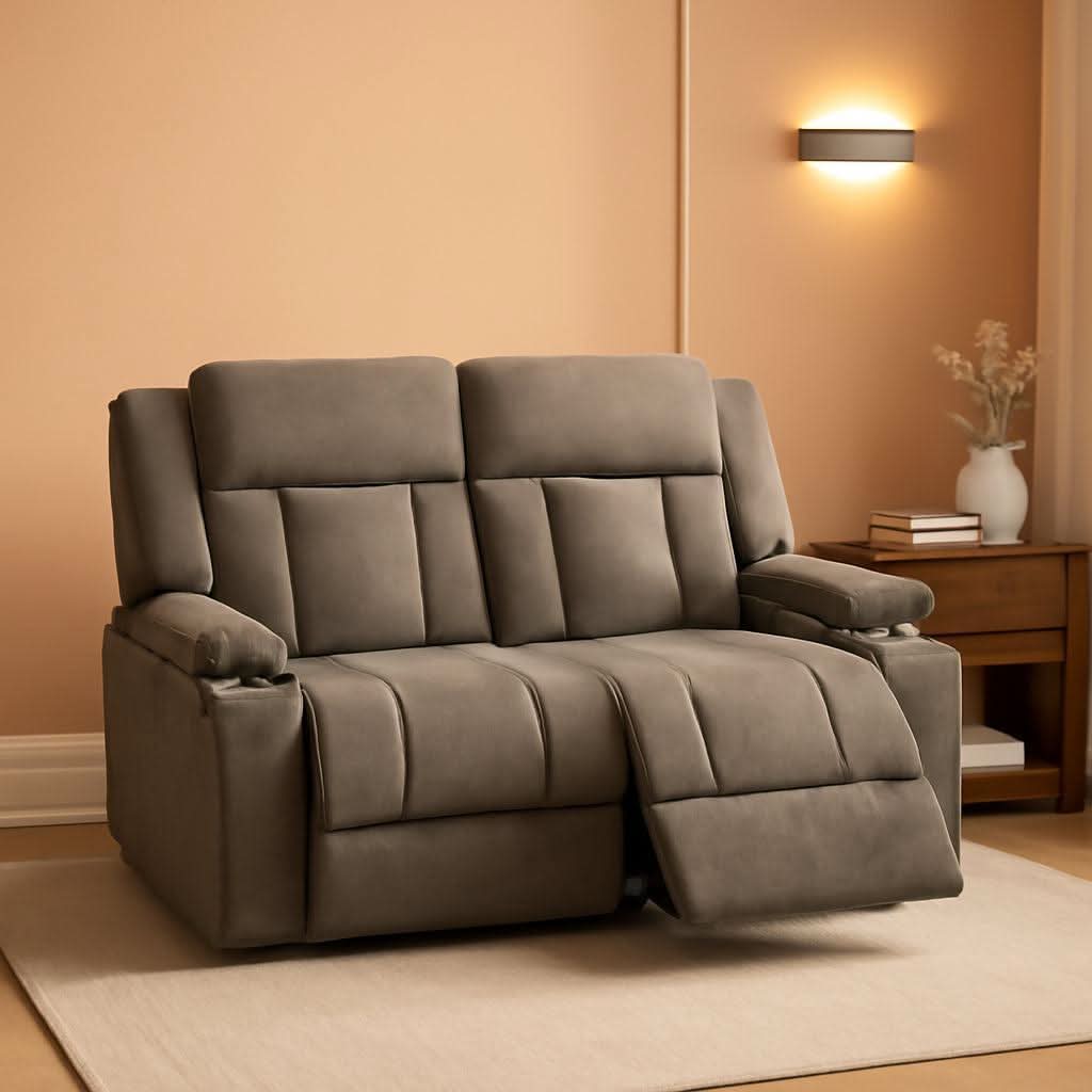 Manual Fabric Recliner Loveseat Sofa With Cup Holders 2 Seater Light Brown
