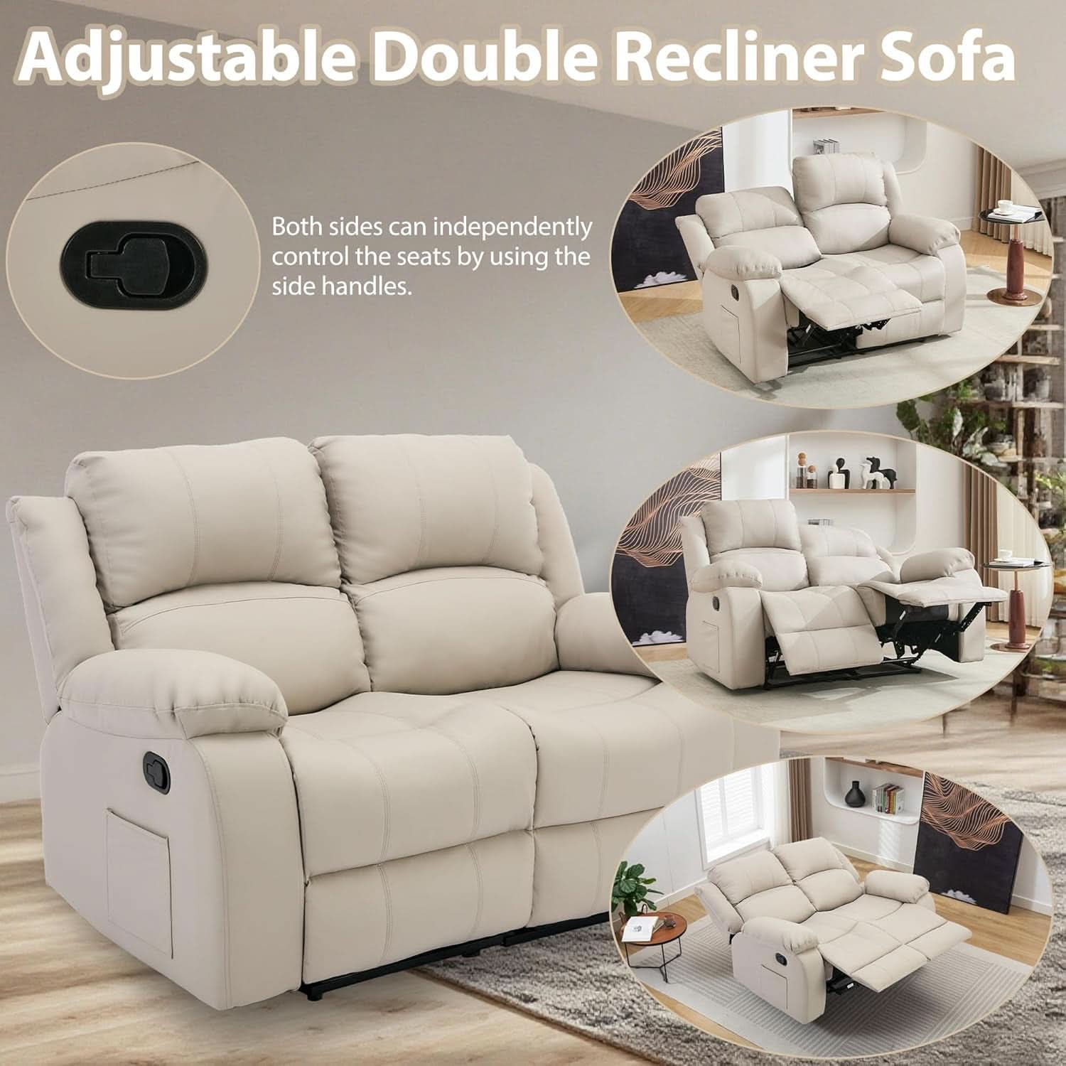 Manual Leather Loveseat Recliner Sofa With Pockets