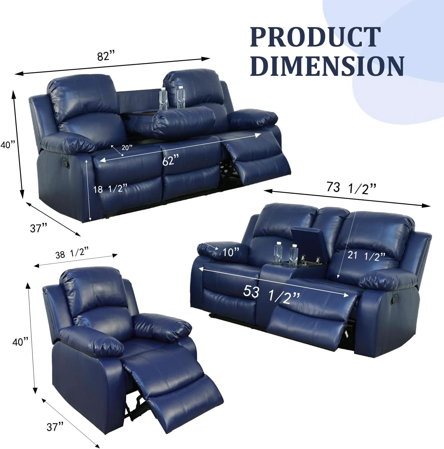 Manual Leather Recliner Sofa Set Blue Living Room Furniture