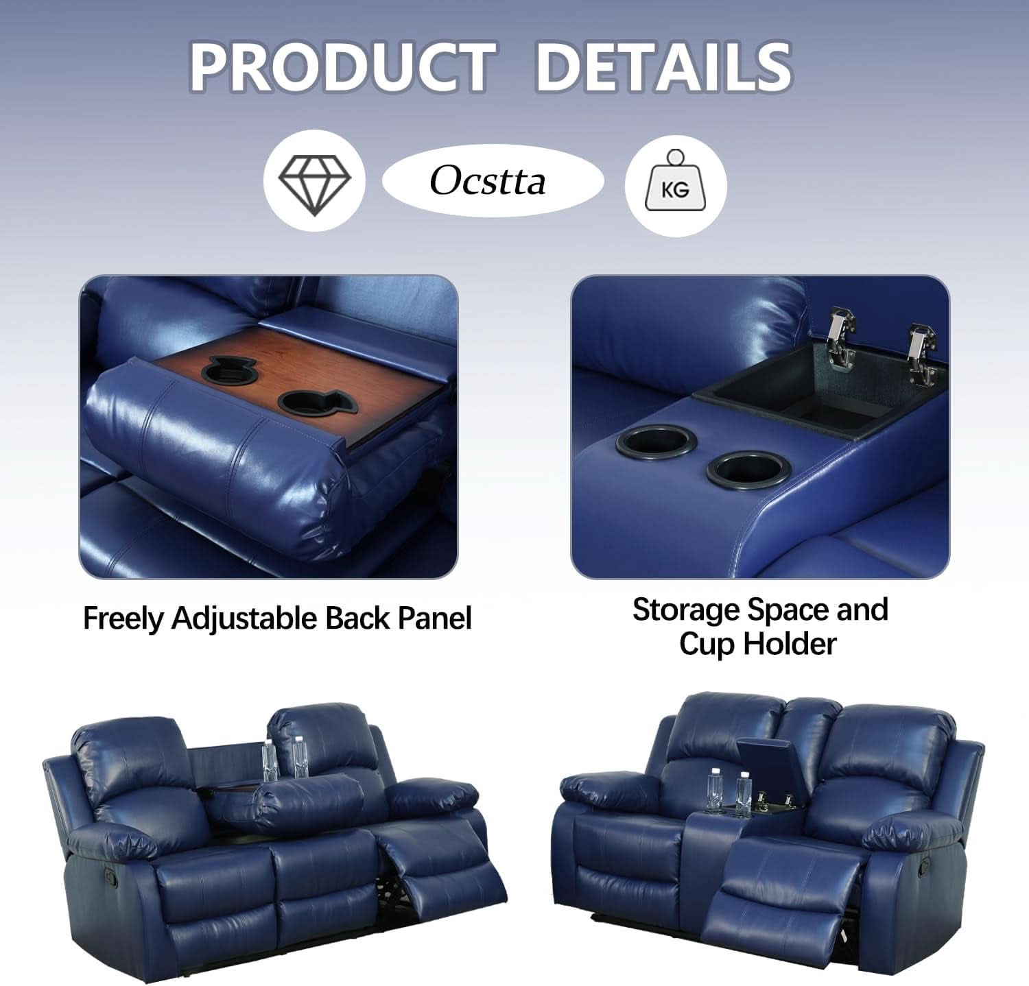 Manual Leather Recliner Sofa Set Blue Living Room Furniture