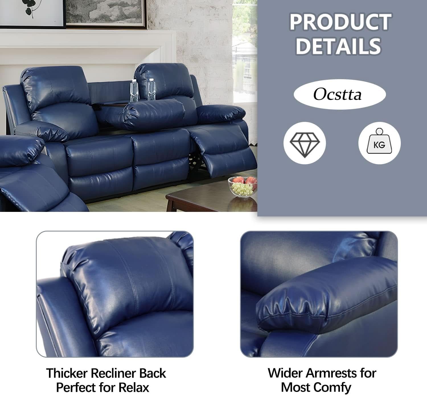 Manual Leather Recliner Sofa Set Blue Living Room Furniture