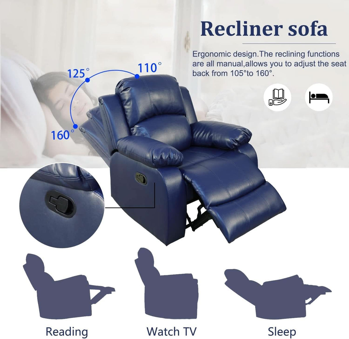 Manual Leather Recliner Sofa Set Blue Living Room Furniture