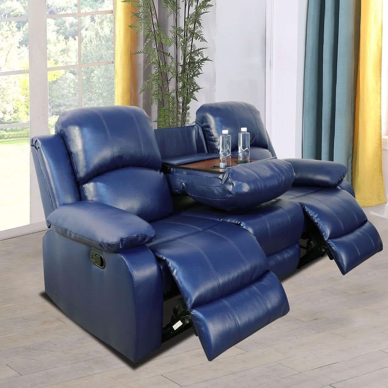 Manual Leather Recliner Sofa Set Blue Living Room Furniture