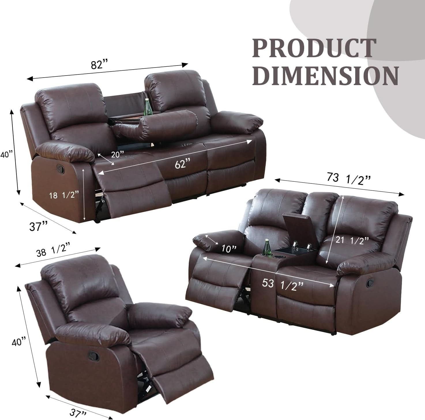 Manual Leather Recliner Sofa Set Brown For Living Room