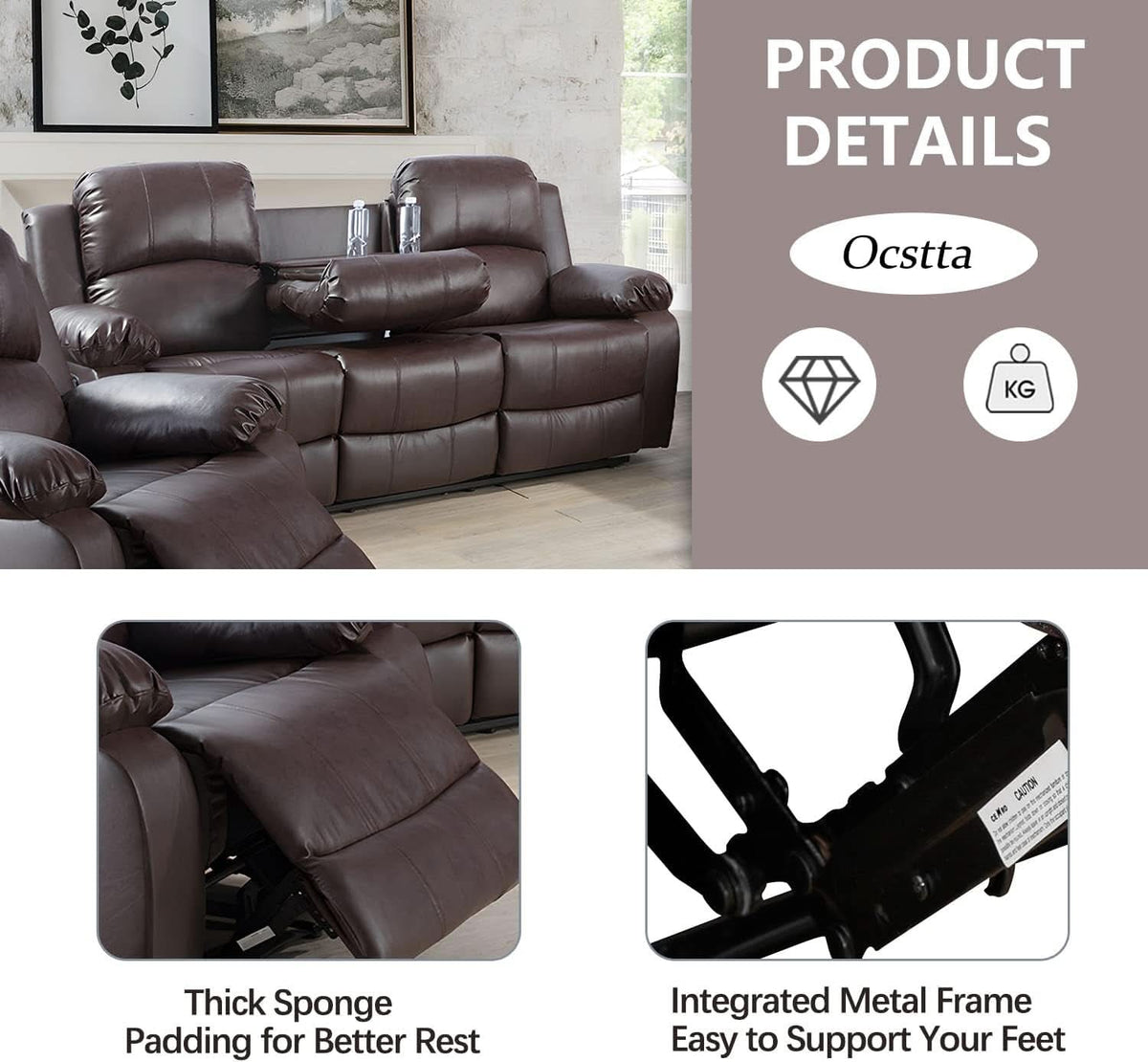 Manual Leather Recliner Sofa Set Brown For Living Room
