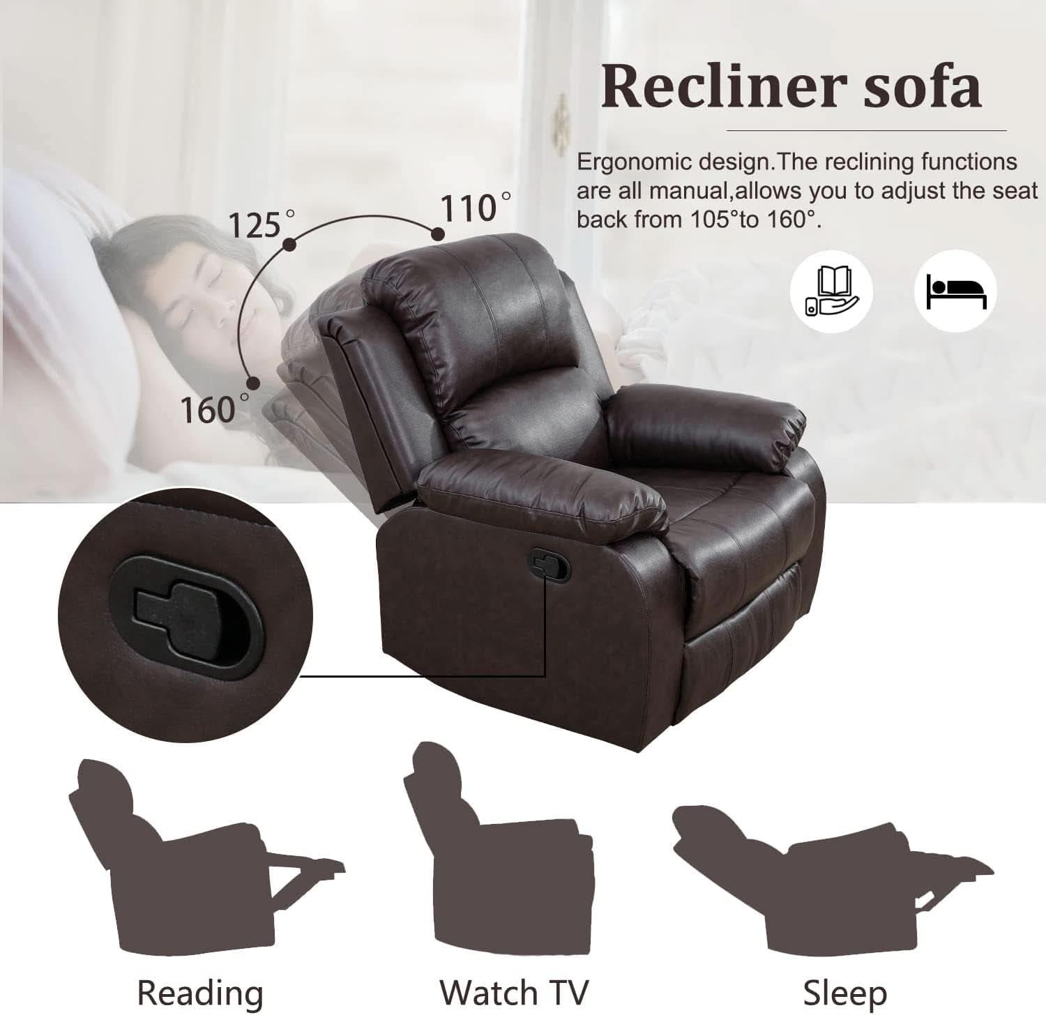 Manual Leather Recliner Sofa Set Brown For Living Room