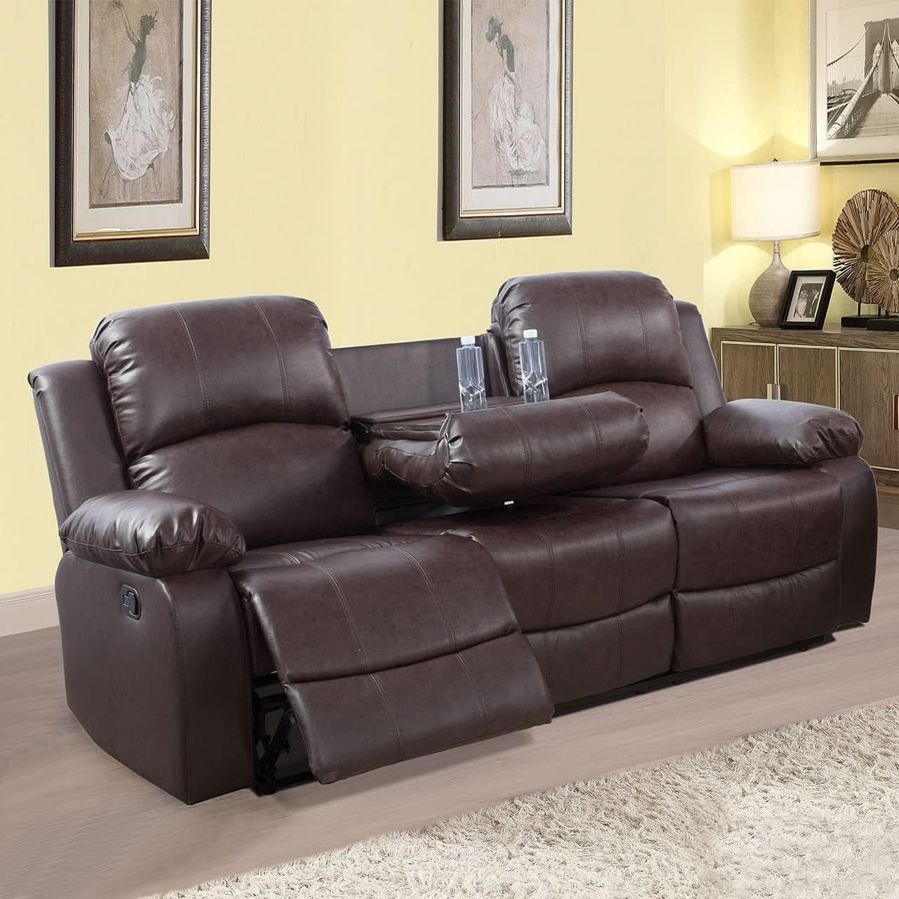 Manual Leather Recliner Sofa Set Brown For Living Room