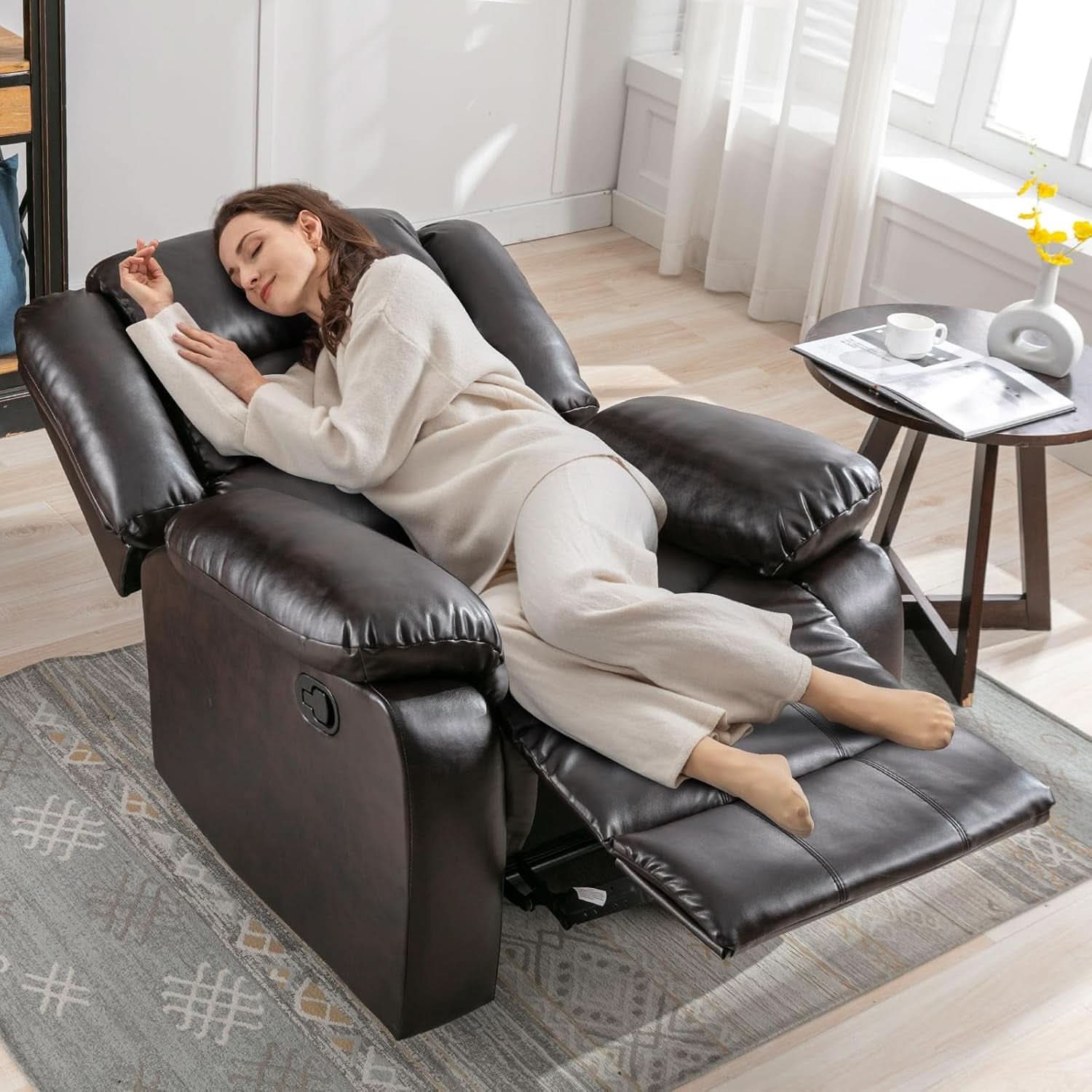 Manual Recliner Chair In Dark Brown Breathable Faux Leather