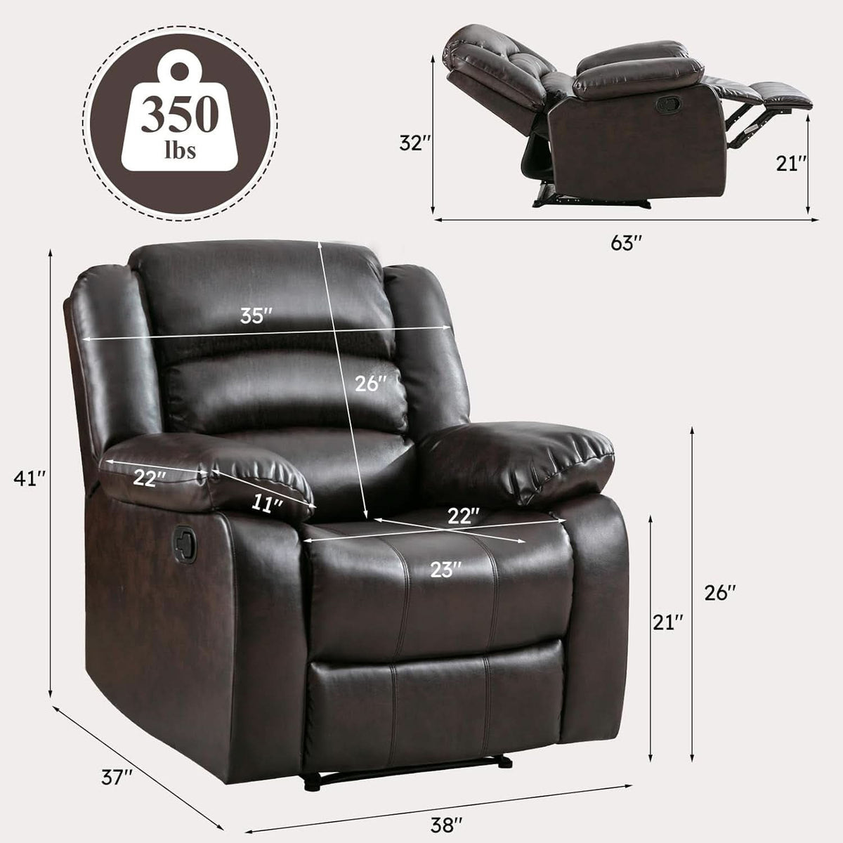 Manual Recliner Chair In Dark Brown Breathable Faux Leather