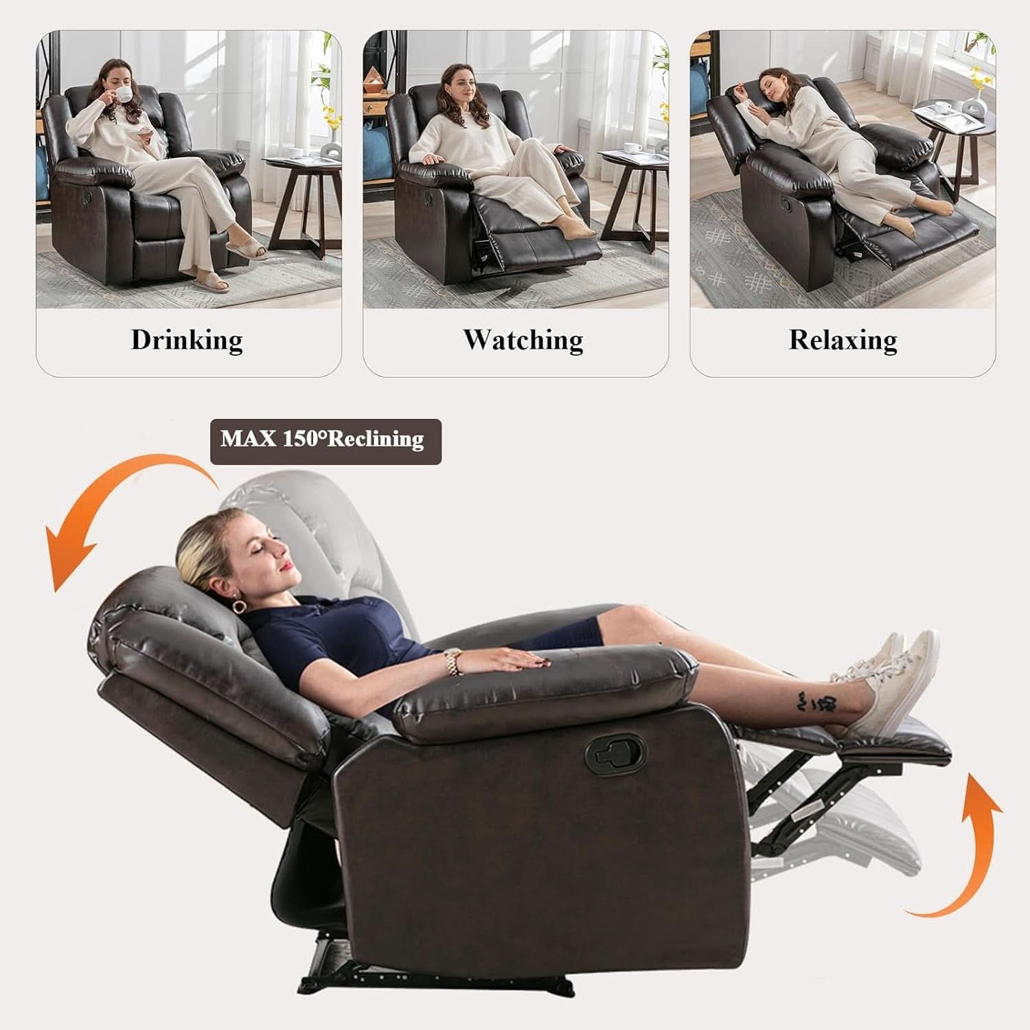 Manual Recliner Chair In Dark Brown Breathable Faux Leather