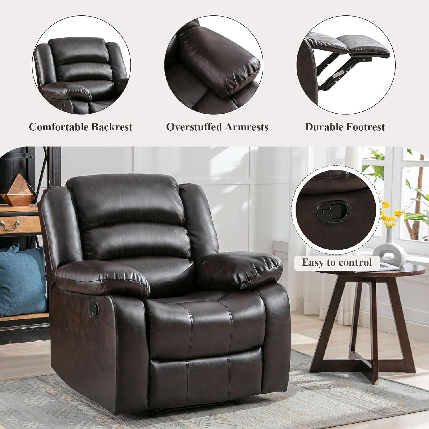 Manual Recliner Chair In Dark Brown Breathable Faux Leather