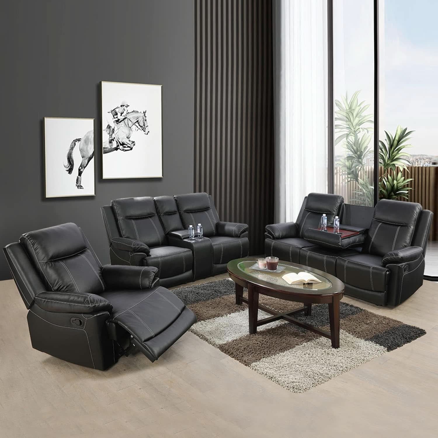 Manual Recliner Sofa Set Black Bonded Leather Cup Holders