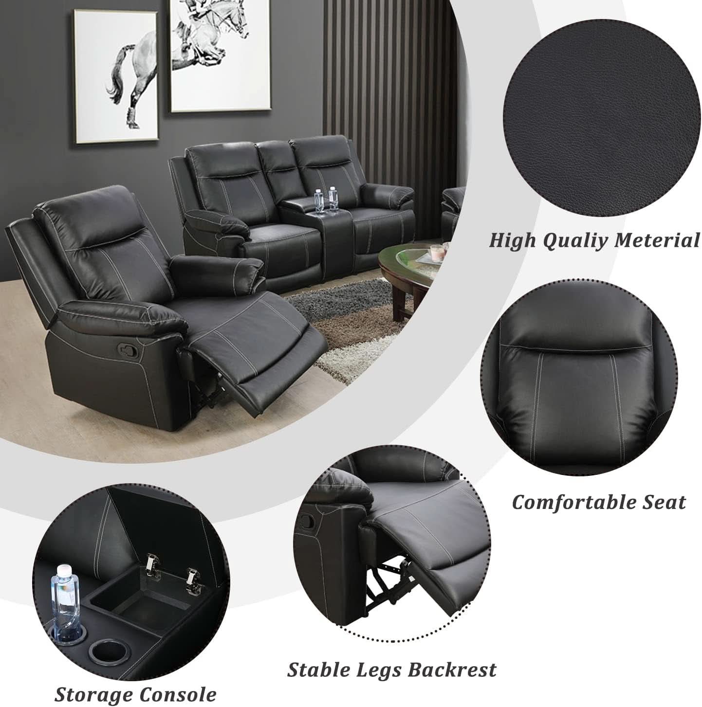Manual Recliner Sofa Set Black Bonded Leather Cup Holders