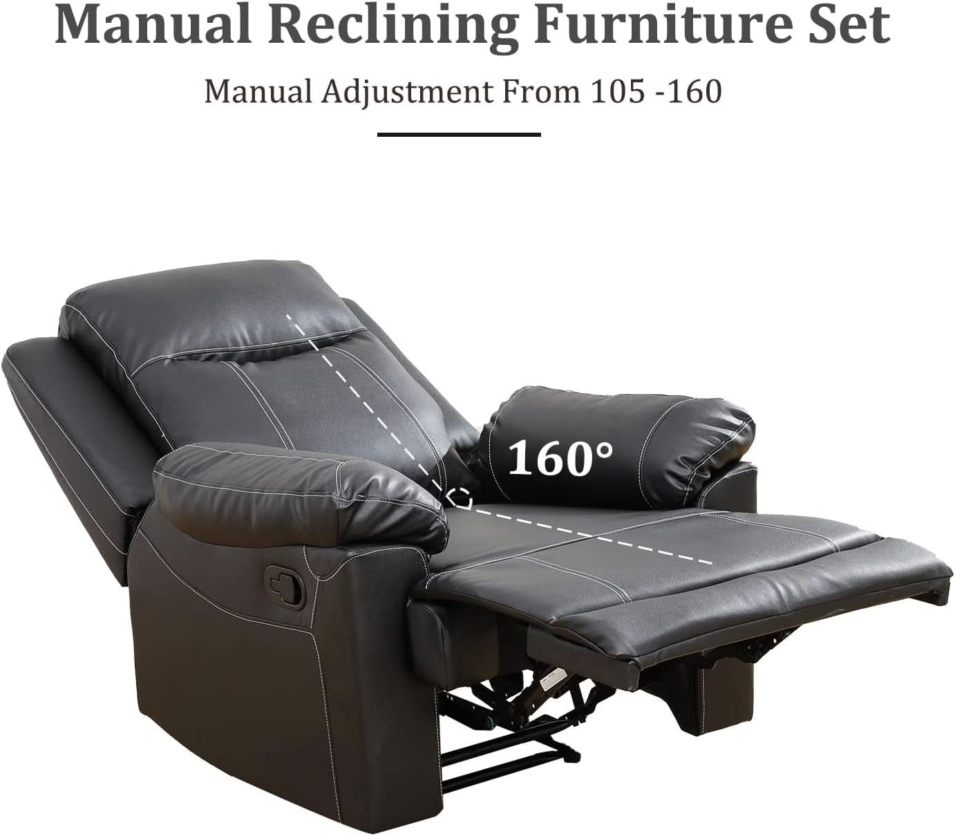 Manual Recliner Sofa Set Black Bonded Leather Cup Holders
