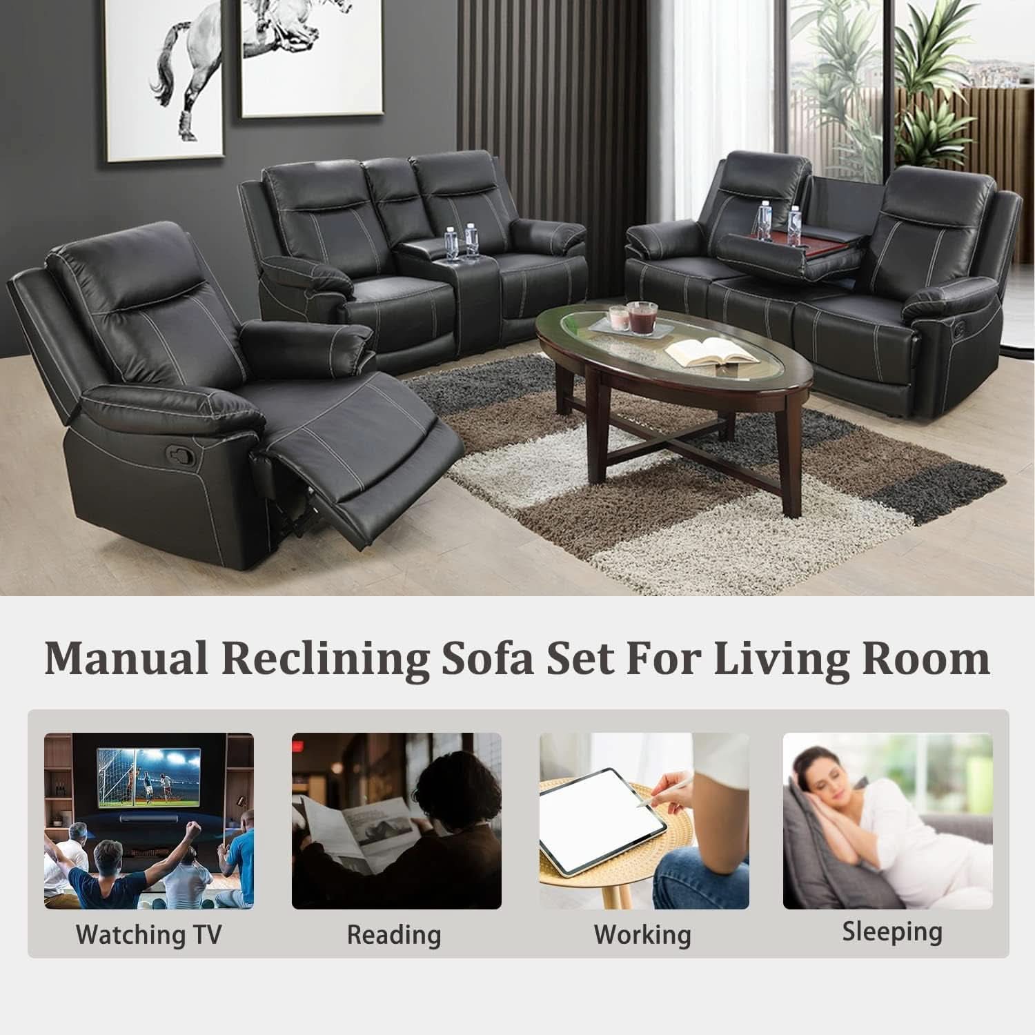 Manual Recliner Sofa Set Black Bonded Leather Cup Holders
