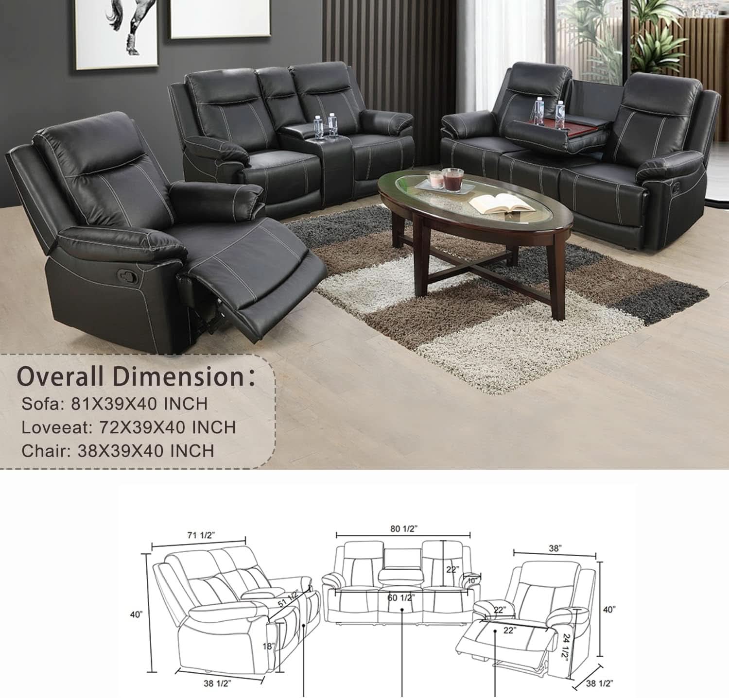 Manual Recliner Sofa Set Black Bonded Leather Cup Holders