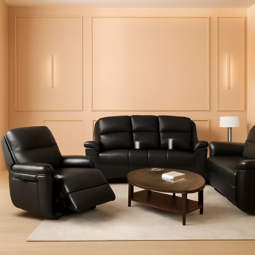 Manual Recliner Sofa Set Black Bonded Leather Cup Holders