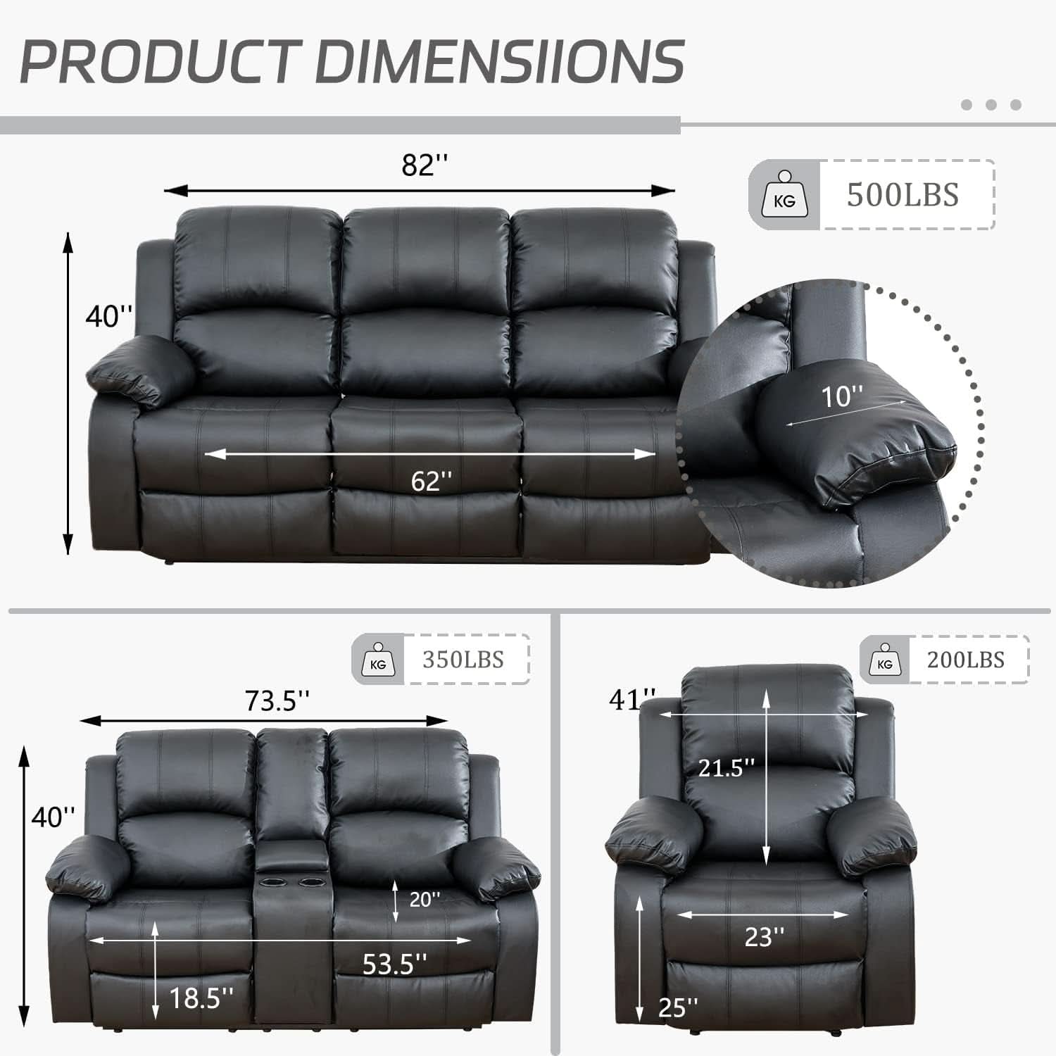 Manual Recliner Sofa Set Black With Cup Holder Storage Console