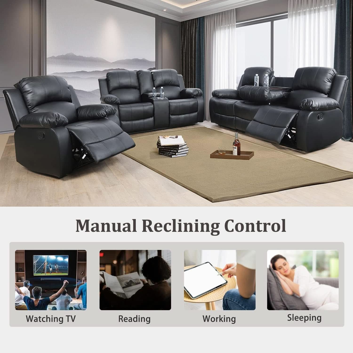 Manual Recliner Sofa Set Black With Cup Holder Storage Console