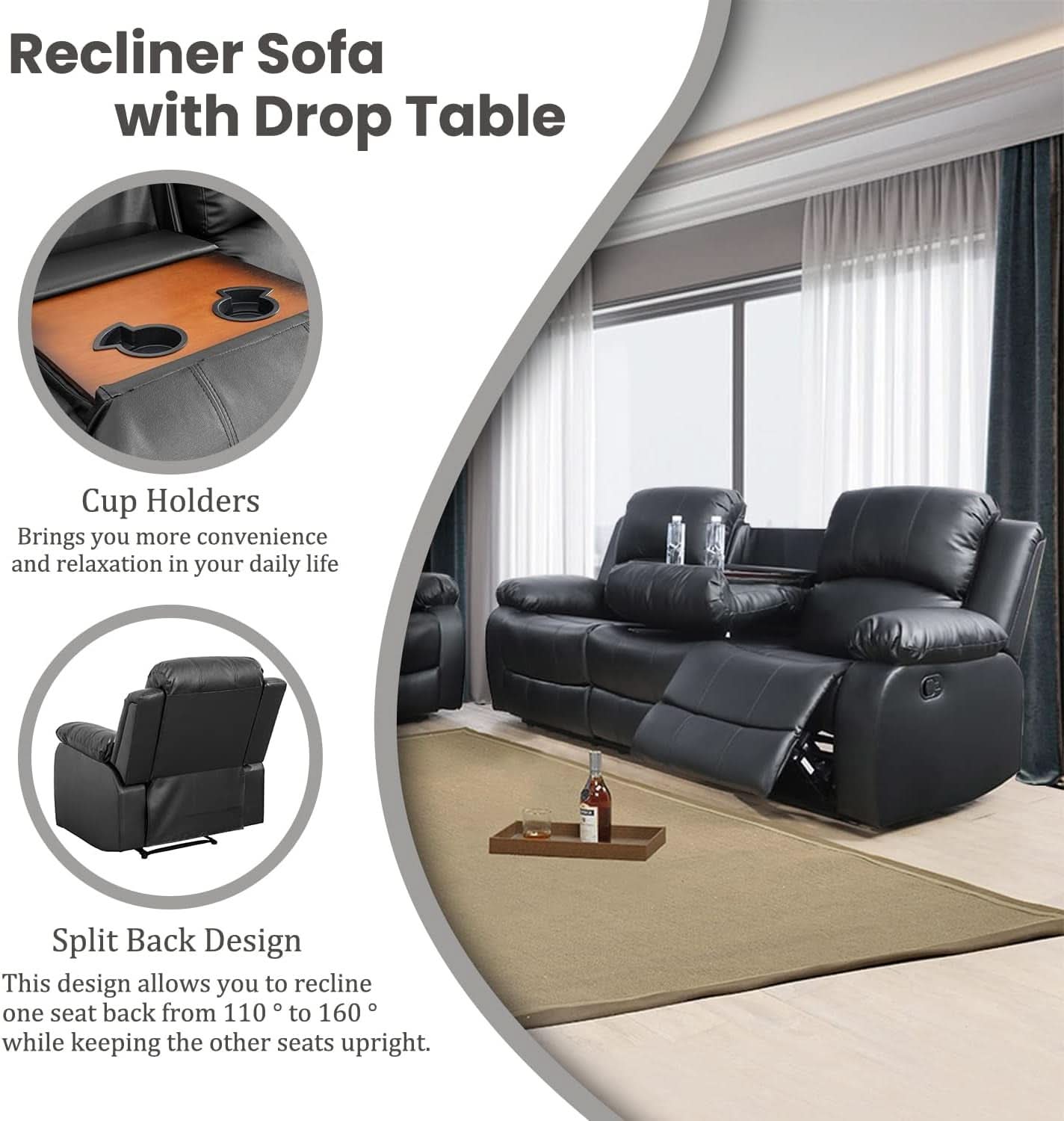 Manual Recliner Sofa Set Black With Cup Holder Storage Console