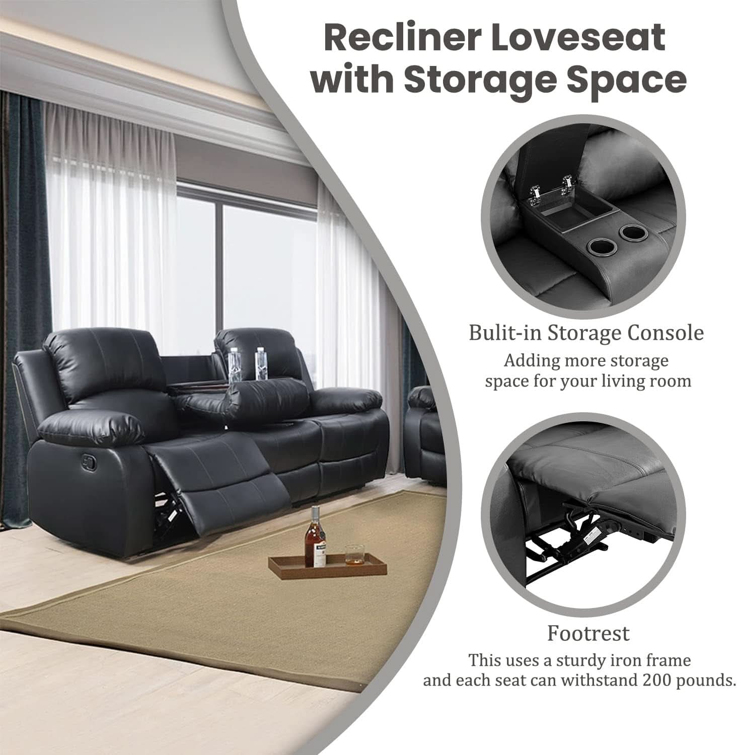 Manual Recliner Sofa Set Black With Cup Holder Storage Console