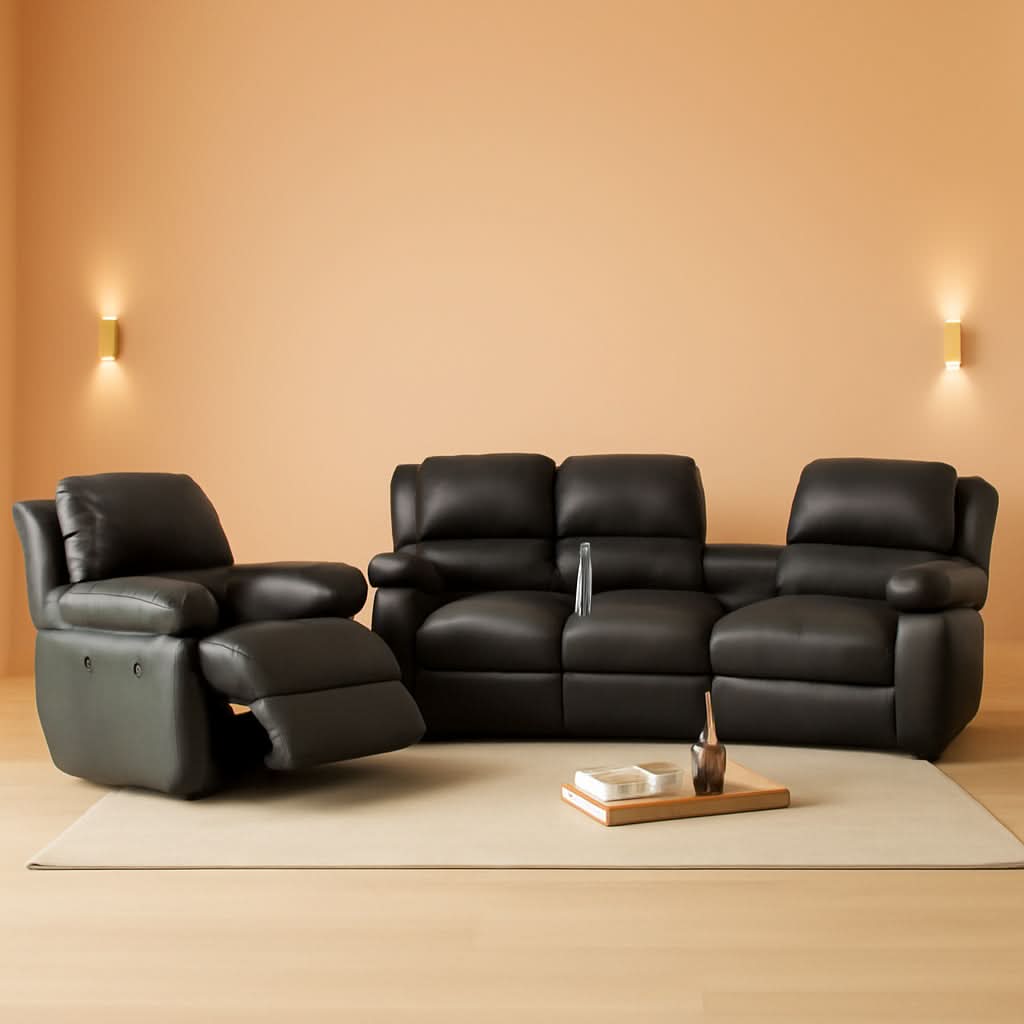 Manual Recliner Sofa Set Black With Cup Holder Storage Console