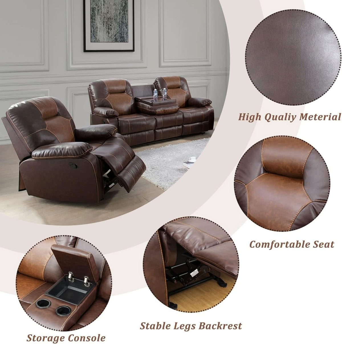 Manual Recliner Sofa Set Bonded Leather With Storage Console Brown 3 Piece