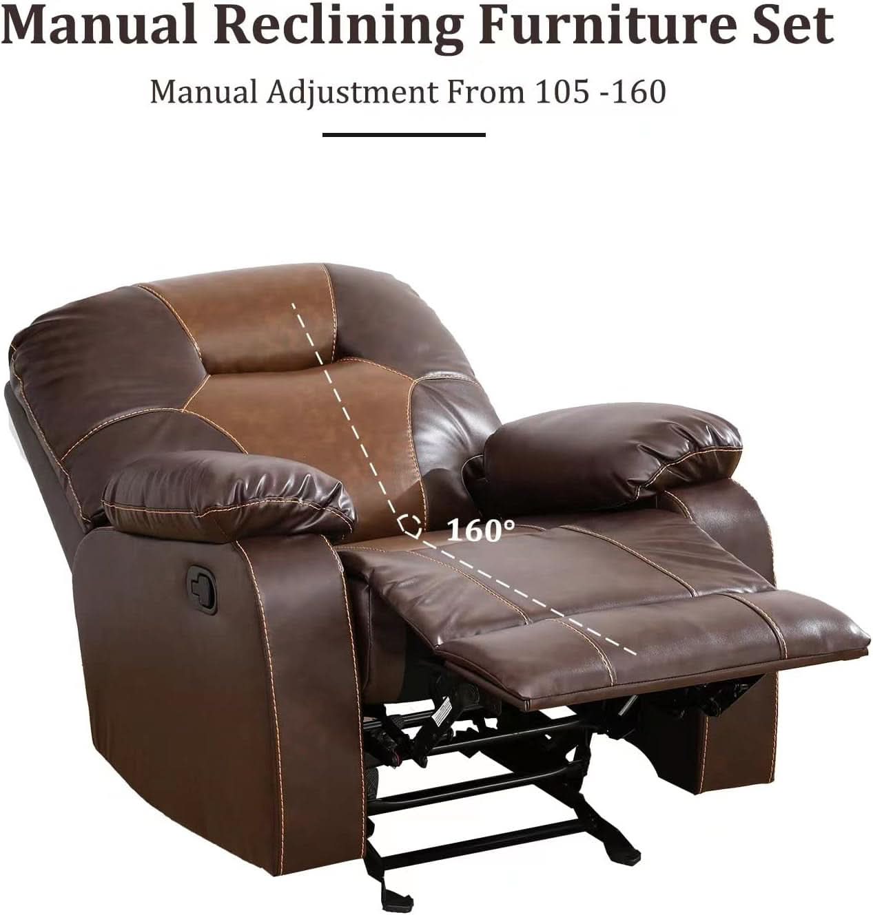 Manual Recliner Sofa Set Bonded Leather With Storage Console Brown 3 Piece