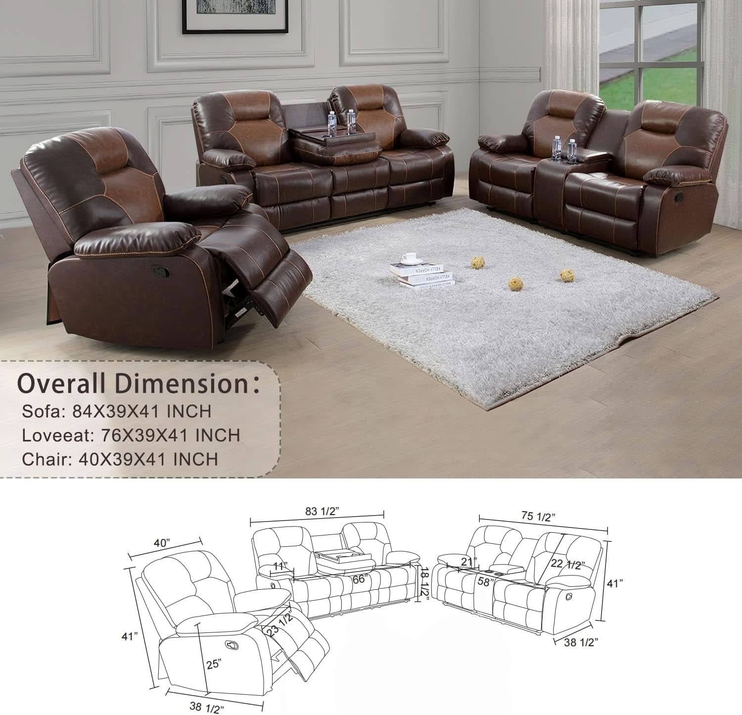 Manual Recliner Sofa Set Bonded Leather With Storage Console Brown 3 Piece