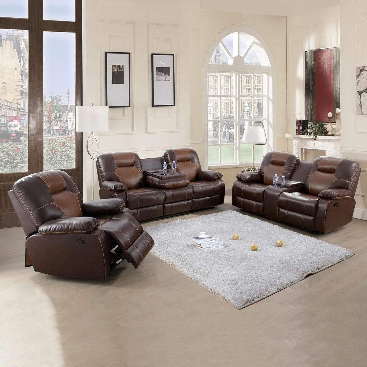 Manual Recliner Sofa Set Bonded Leather With Storage Console Brown 3 Piece
