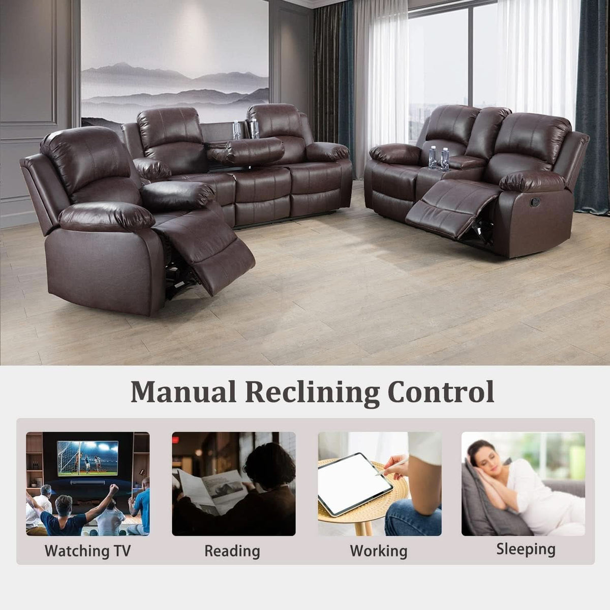 Manual Recliner Sofa Set Brown Three Piece Living Room Furniture