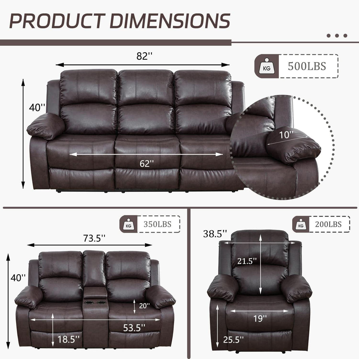 Manual Recliner Sofa Set Brown Three Piece Living Room Furniture