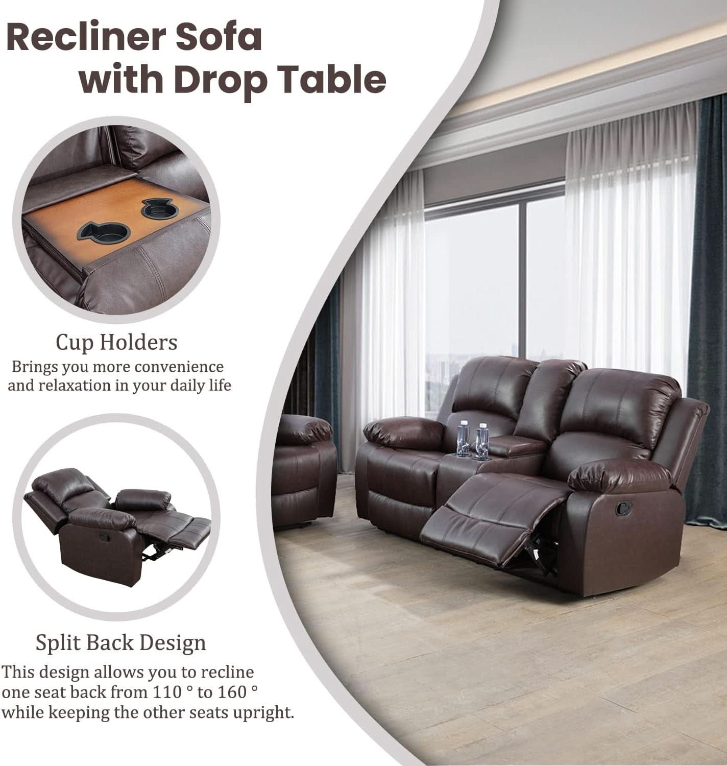 Manual Recliner Sofa Set Brown Three Piece Living Room Furniture
