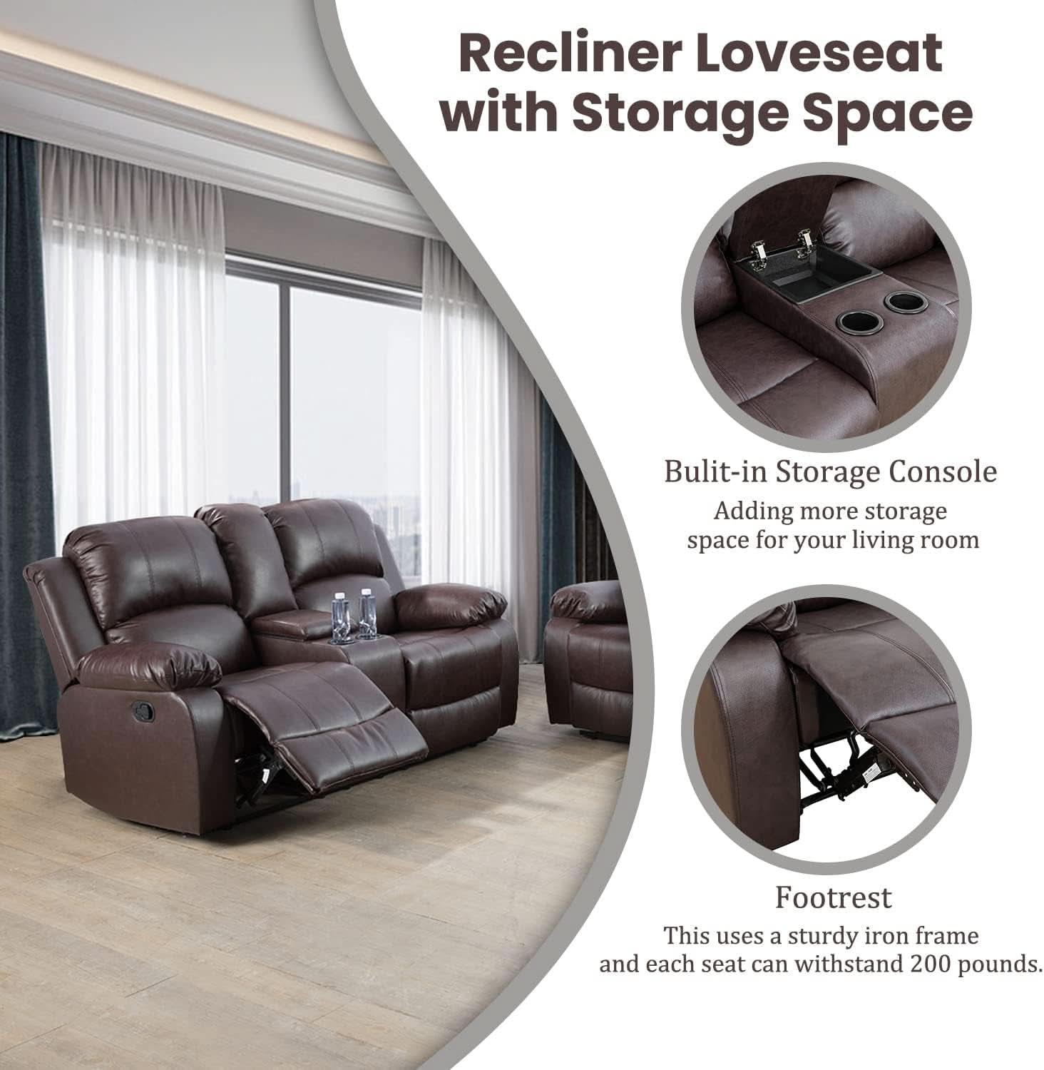 Manual Recliner Sofa Set Brown Three Piece Living Room Furniture