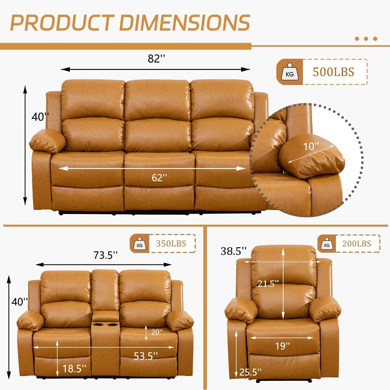 Manual Recliner Sofa Set Ginger Leather With Cup Holder