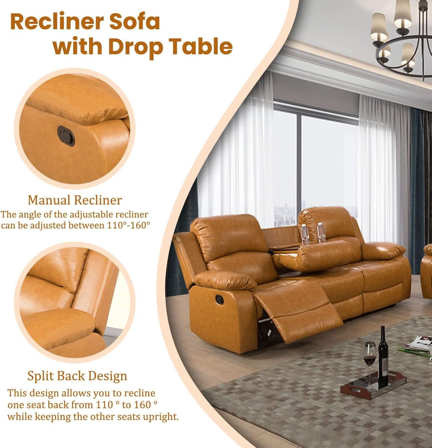 Manual Recliner Sofa Set Ginger Leather With Cup Holder